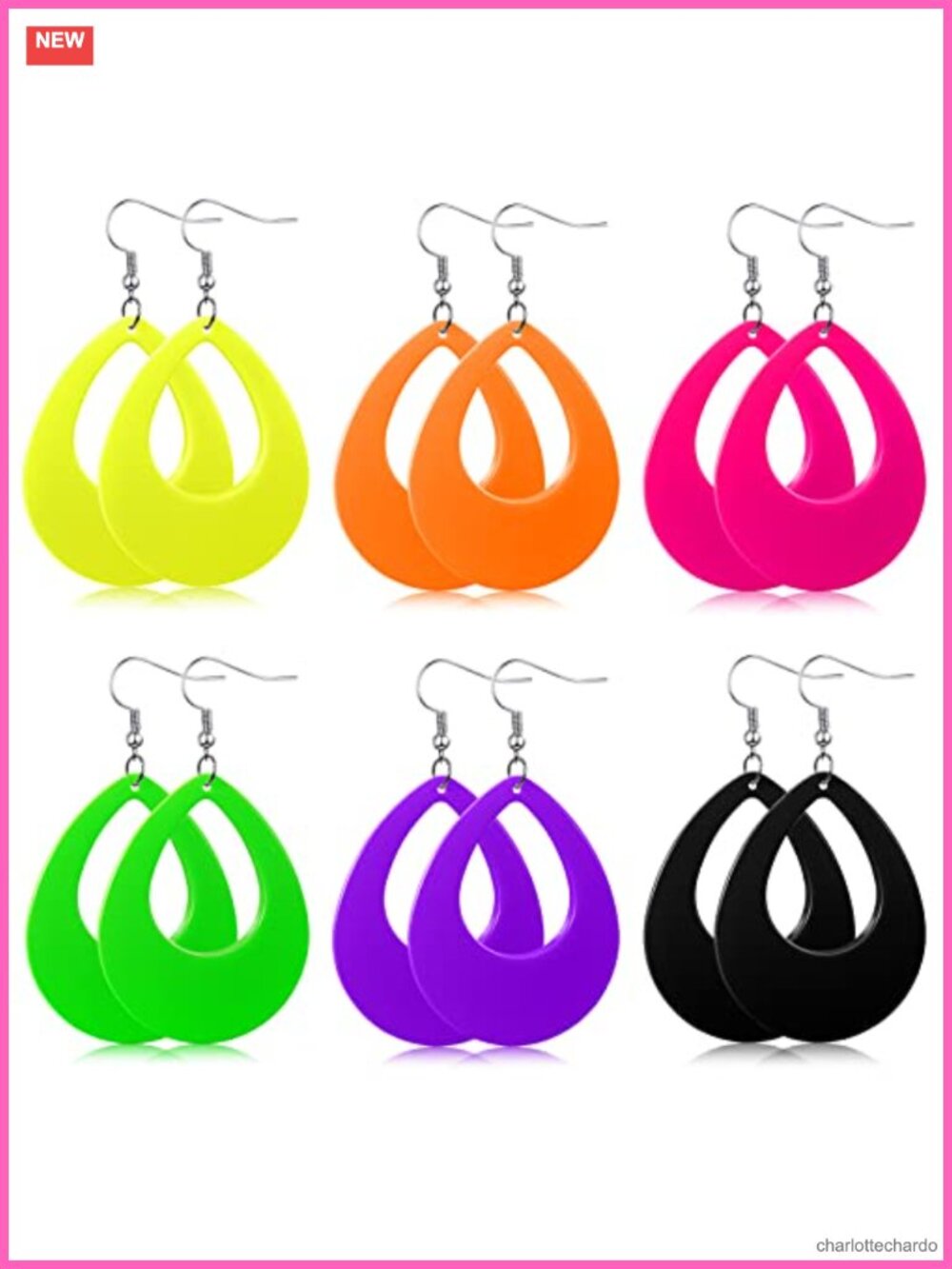 6 Pairs Retro Neon Acrylic Drop Earrings 80s 90s Vintage Party Jewelry Set